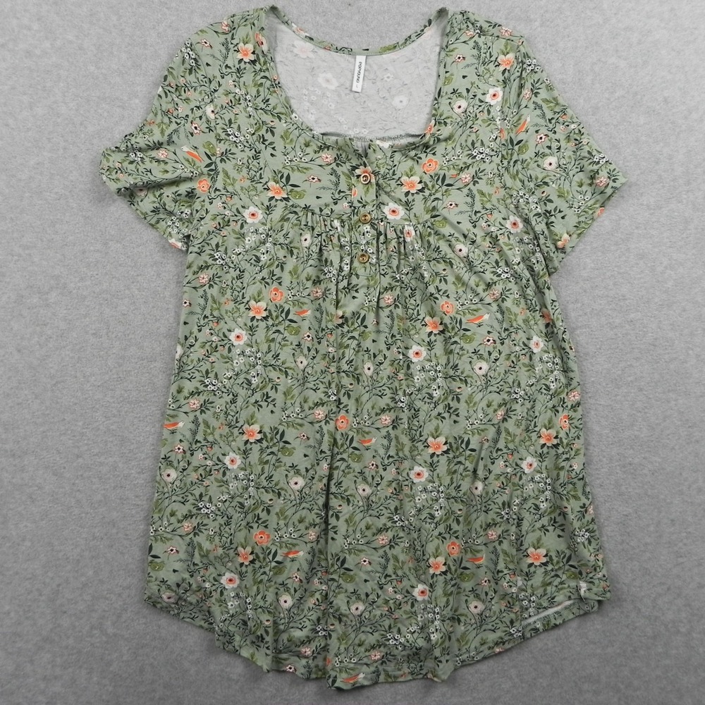 Popyoung Top Womens Large Tunic Blouse Scoop Neck Knit Green Floral Short Sleeve